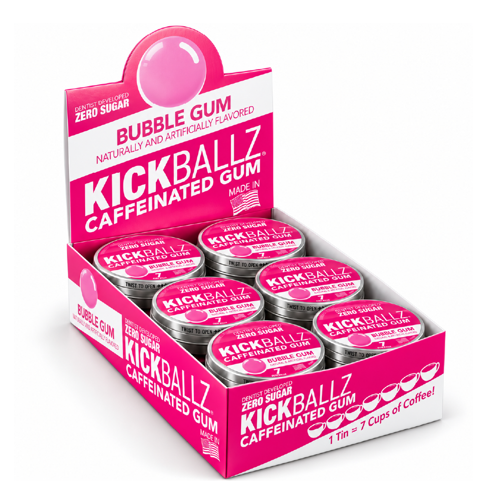Kickballz Bubble Gum Caffeinated Gum 12 Pack | 110mg Energy Gum