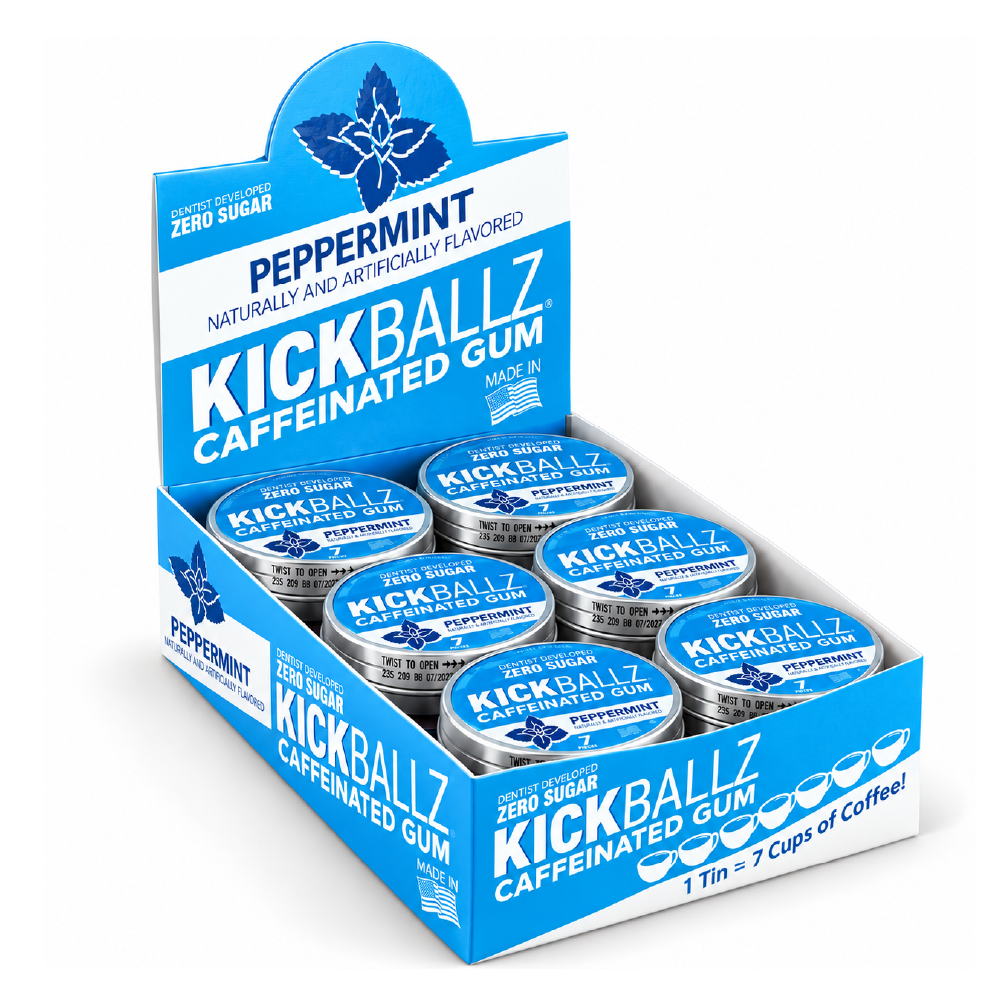 Kickballz Peppermint Caffeinated Gum 12 Pack | 110mg Energy Gum